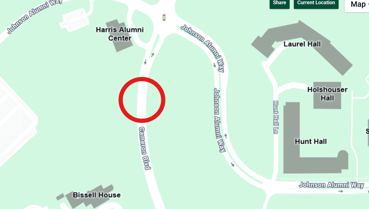 map showing the closure area on Cameron Blvd.